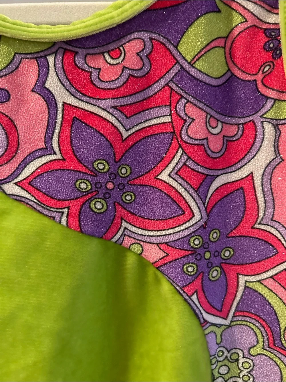 Mondor Girls' Lime Green Floral Panel Dance or Gymnastics Leotard - 10/12